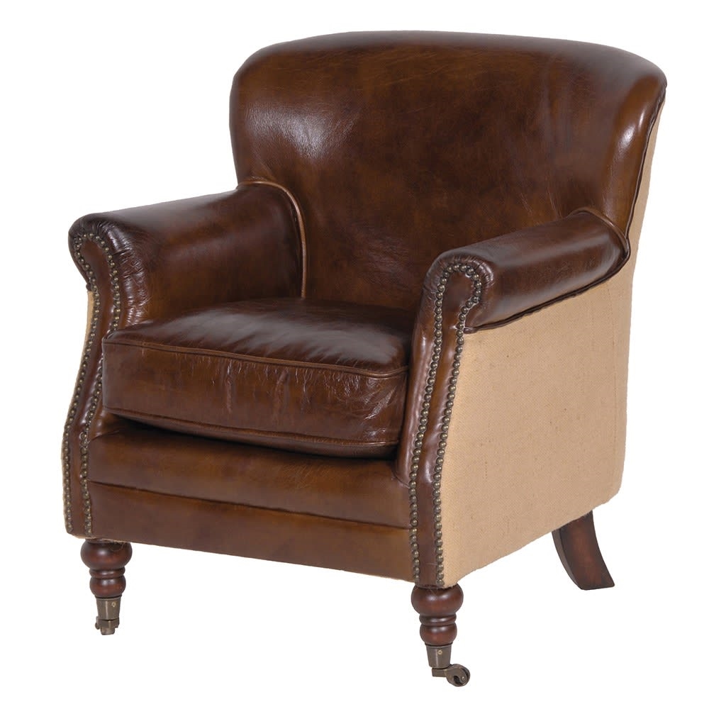 Brown Leather and Linen Armchair Linen Mill